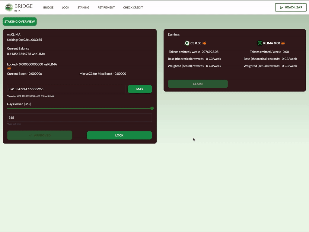 Animated GIF showing how to finally lock the tokens into C3's contract