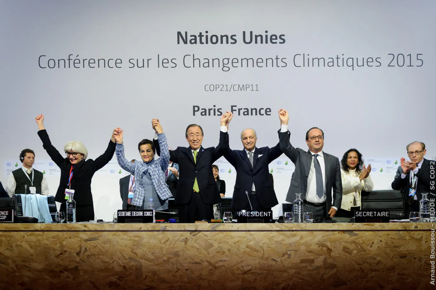 Various participants at COP21 cheering after getting Article 6 on the way