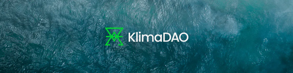 The KlimaDAO logo on a background of ocean waves shot from below