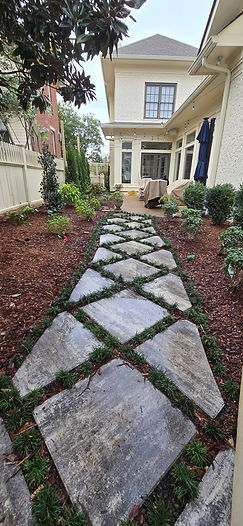 Planting, mulch, walkway, and mondo grass installation between pavers