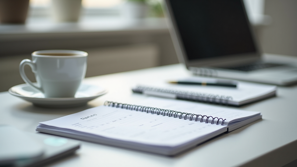 Eye-level view of a tidy desk with a planner and coffee cup