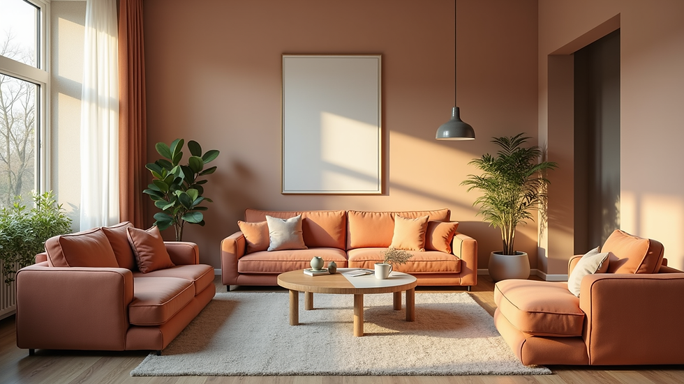 Eye-level view of a cozy living room with a harmonious color scheme
