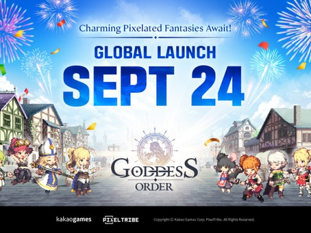 Pixelated characters with fireworks in a village setting. Text: Charming Pixelated Fantasies Await! Global Launch Sept 24.