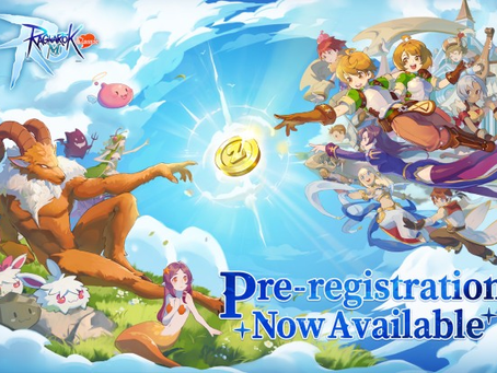 Fantasy characters flying toward a glowing coin in a blue sky, including a goat-like creature. Text reads "Pre-registration + Now Available."