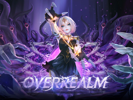 Fantasy character with glowing hands and white hair conjures magic, surrounded by swirling purple tentacles. Text reads "OVERREALM."