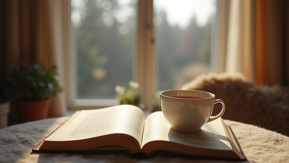 Eye-level view of a cozy reading nook with a journal and a cup of tea