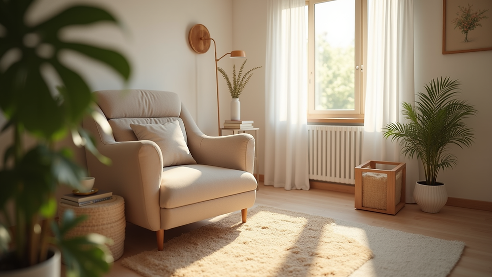 Eye-level view of a cozy therapy room with a comfortable chair and soft lighting