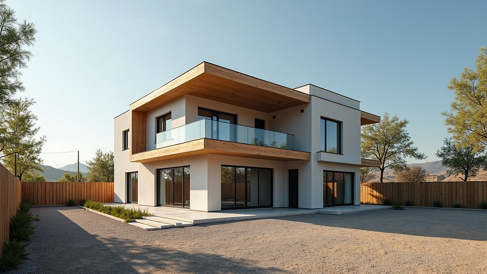 Wide angle view of a modern house under construction