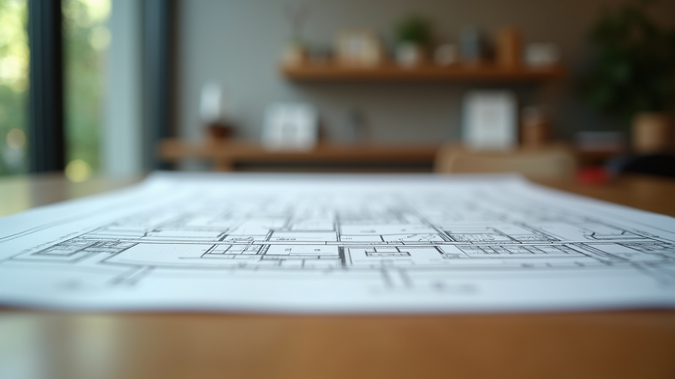 Eye-level view of detailed architectural blueprints on a wooden table