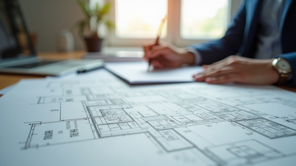 Eye-level view of architectural sketches and site plans on a desk