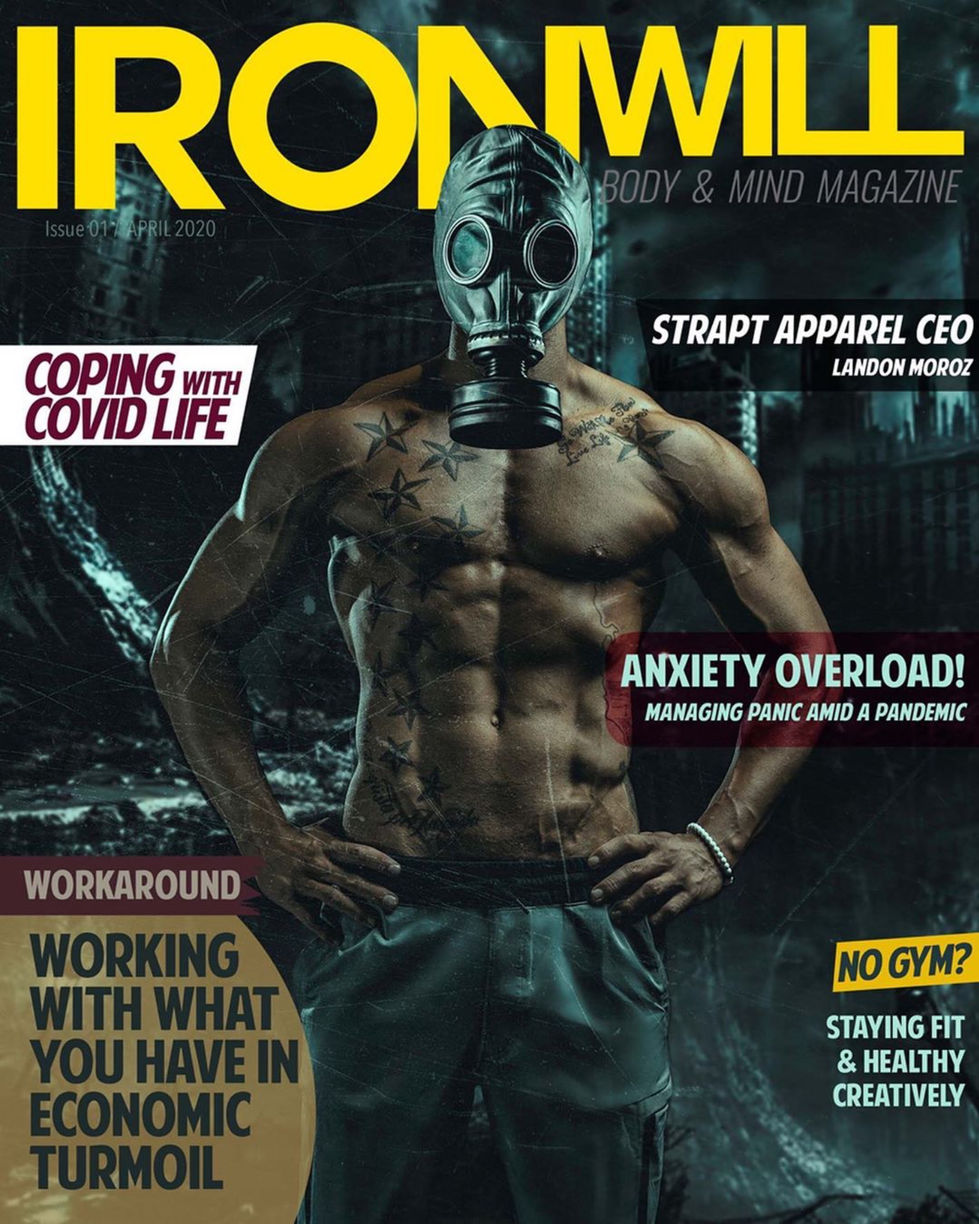 Muscular man wearing gas mask on magazine cover.