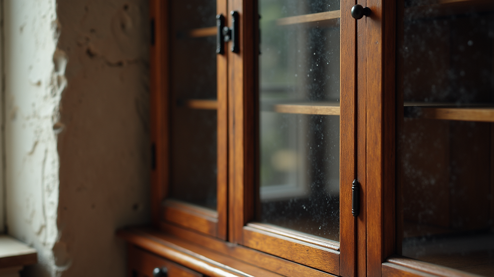 Eye-level view of antique wooden cabinet with glass doors