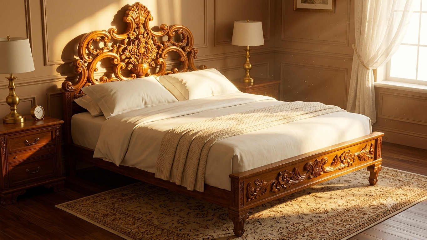 Cama de Casal Clássica Entalhada — Madeira Maciça | Estilo Luís XV / Rococó