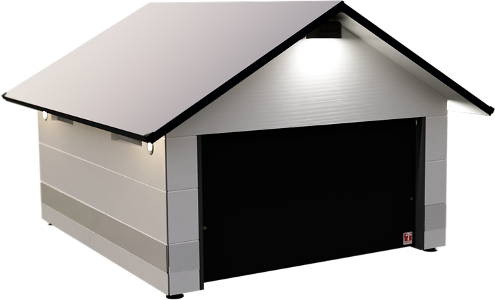 Die beste Mähroboter Garage für Automower und Gardena, mit Tor/Klappe, Solar LED und Schutzleisten. Wetterfest und aus Holz.