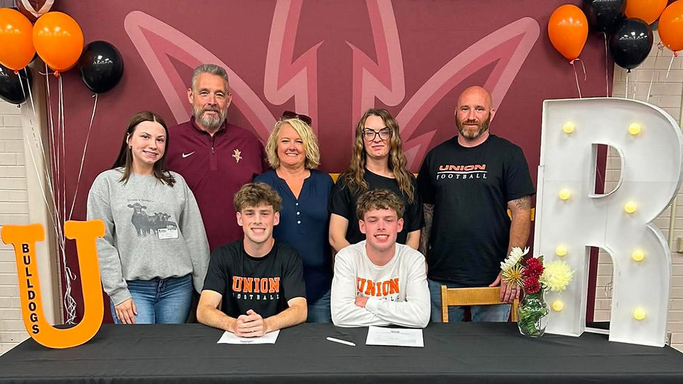Russell Red Devils’ senior wide receivers Cayden and Jayden Pennington signed a letter-of-intent with the Union Commonwealth University Bulldogs. Attending the signing ceremony were, from left to right, Kiersten Clark, Paul Patterson, Kathy Patterson, Amanda Clark and father Zack Clark. (Photo submitted)