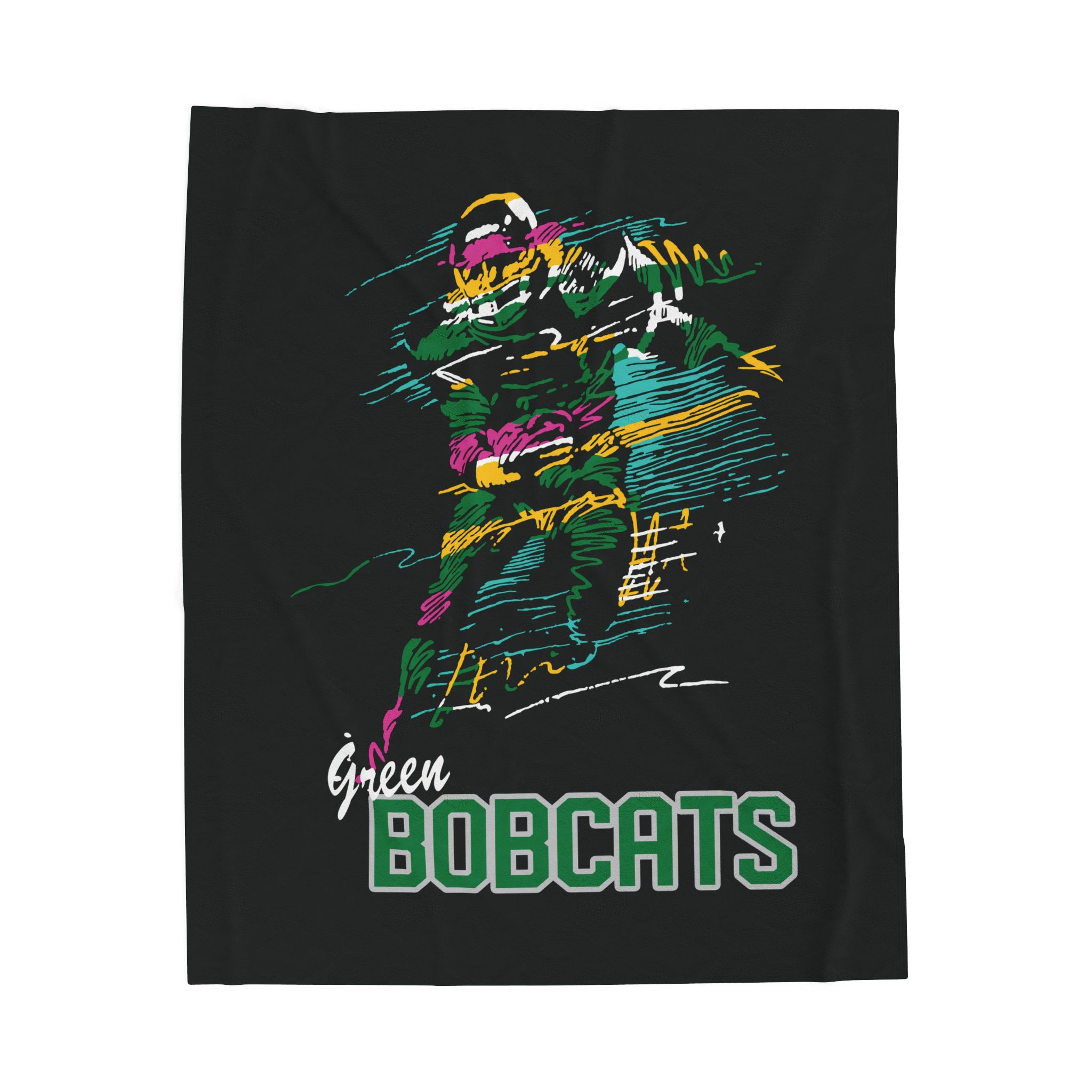Green Bobcats Football 90's Neon Velveteen Plush Blanket
