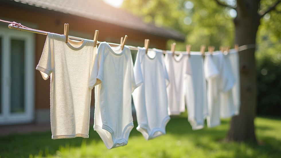 Eye-level view of cotton clothes hanging on a drying rack outdoors