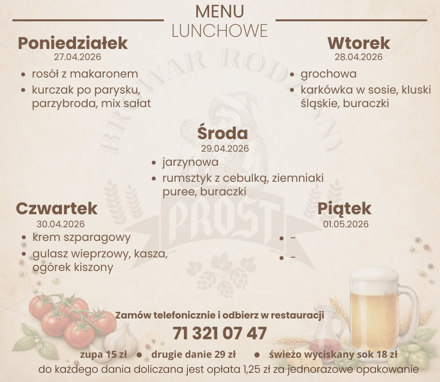 Menu lunchowe 27.04 - 01.04.2026 - Restauracja PROST