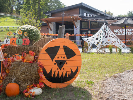 Fall display with scarecrow, pumpkins and hay bales outside a Mountain Coaster building, decorated for autumn on a sunny day