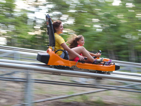 Two people ride an orange roller coaster through a blurred green forest, smiling with excitement and wind in their hair.
