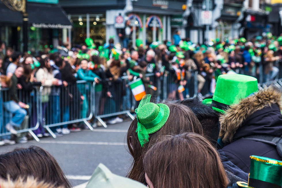 Crowd celebrating with green hats and Irish flags at a St. Patrick's Day parade. Festive mood with people lining the street behind barriers.