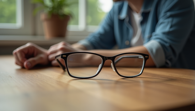 Eye-level view of a stylish optical frame resting on a wooden table with a casual outfit in the background