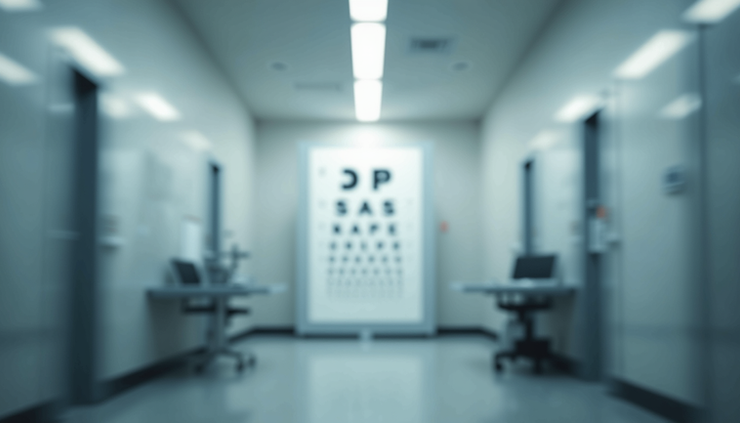 Eye-level view of a DMV vision test chart on a wall