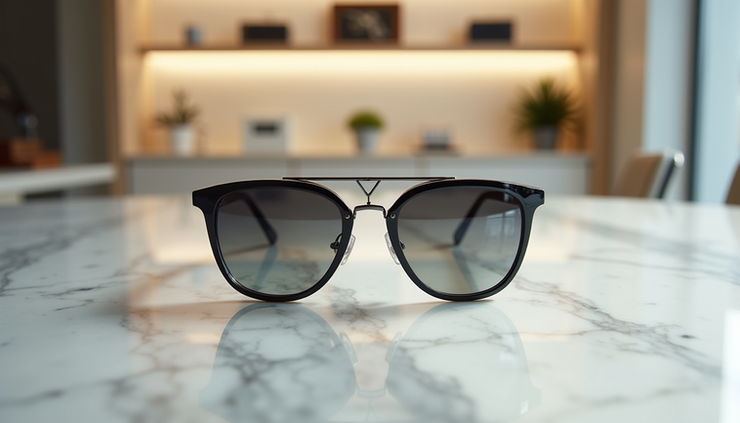 Close-up view of Prada geometric sunglasses rotating slowly on a reflective marble surface