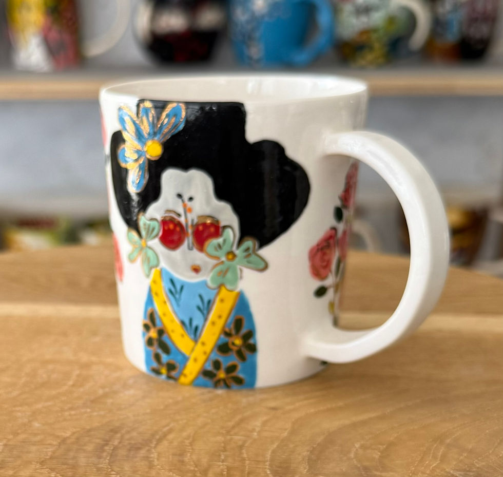 Thumbnail: White ceramic mug with a painted woman and floral design. ChernyArtStudio.