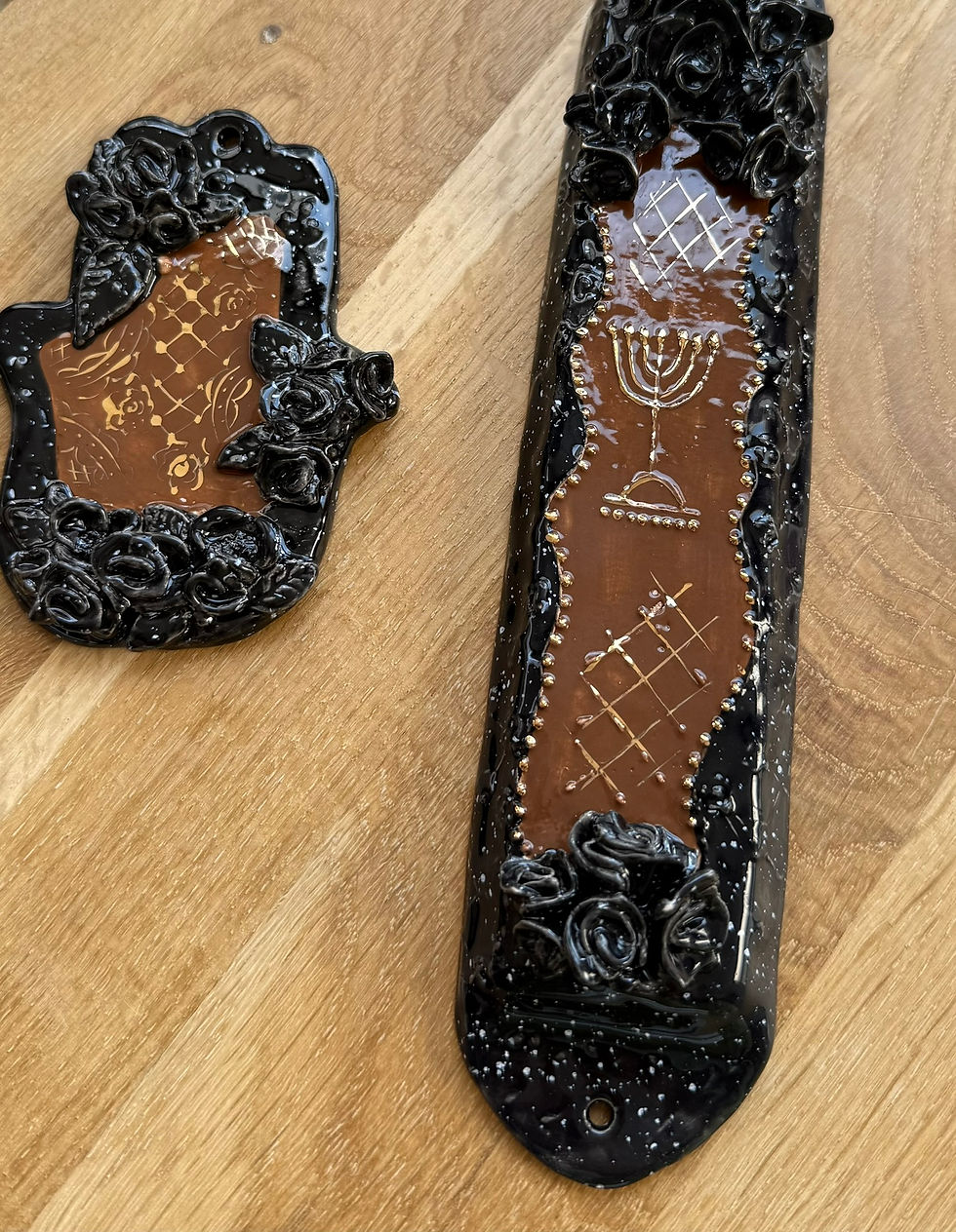 Thumbnail: Black Hamsa and Mezuzah, Jewish symbols, Rose Garden Mezuzah, decorative and ornate, ChernyArtStudio