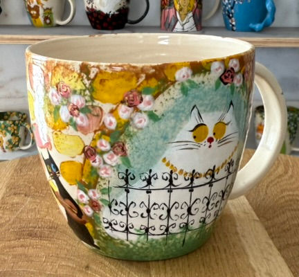 Thumbnail: Large ceramic mug with cat design and floral background ChernyArtStudio