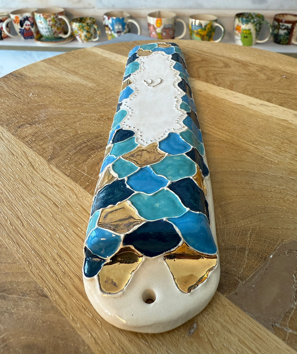 Decorative ceramic Rose Garden Mezuzah with blue and gold accents, ChernyArtStudio