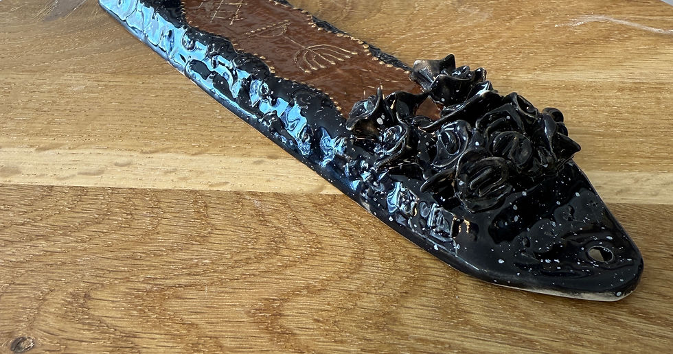 Thumbnail: Golden Dome Mezuzah — Handmade Ceramic Judaica with Floral Motifs (28.5×5.5 cm) on wood surface