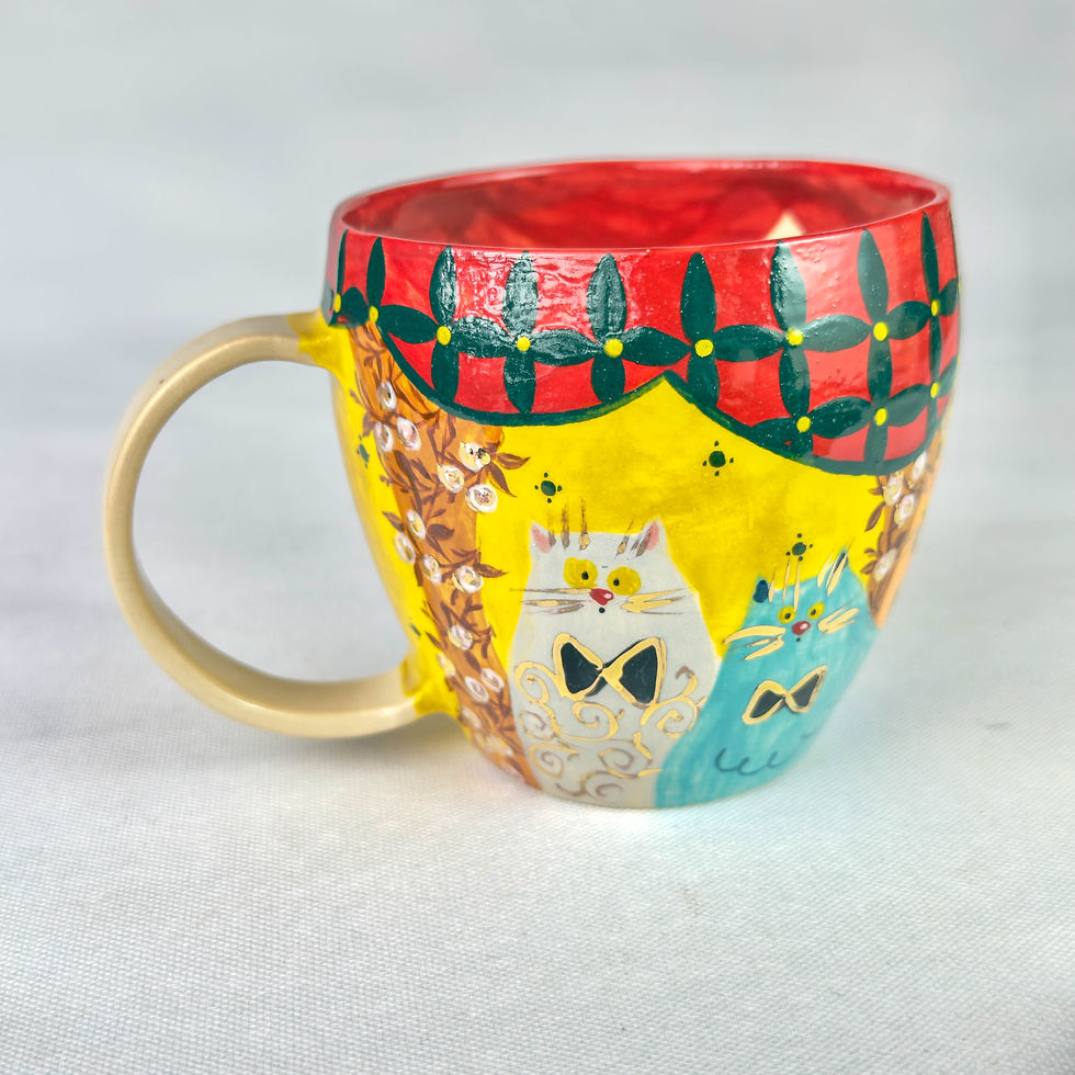 Thumbnail: Cabaret Cats Hand Painted Ceramic Mug with gold accents 300ml