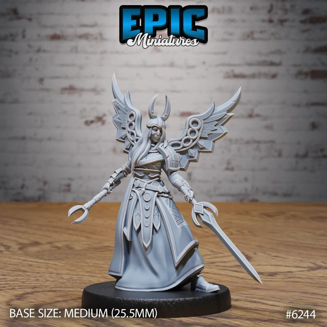 3d printed Angel, Celestial, Aasimar Woman miniature with wings, wielding sword and prod, 3d rendering by Epic Miniatures