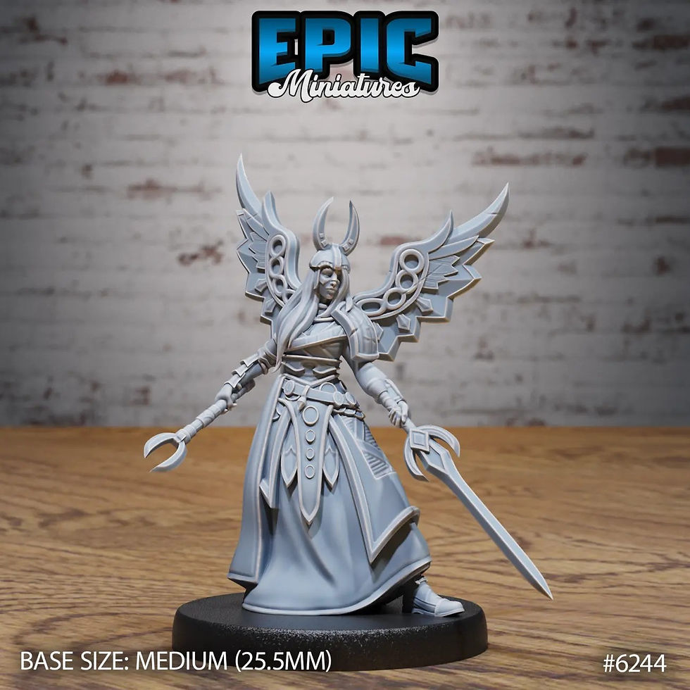 3d printed Angel, Celestial, Aasimar Woman miniature with wings, wielding sword and prod, 3d rendering by Epic Miniatures