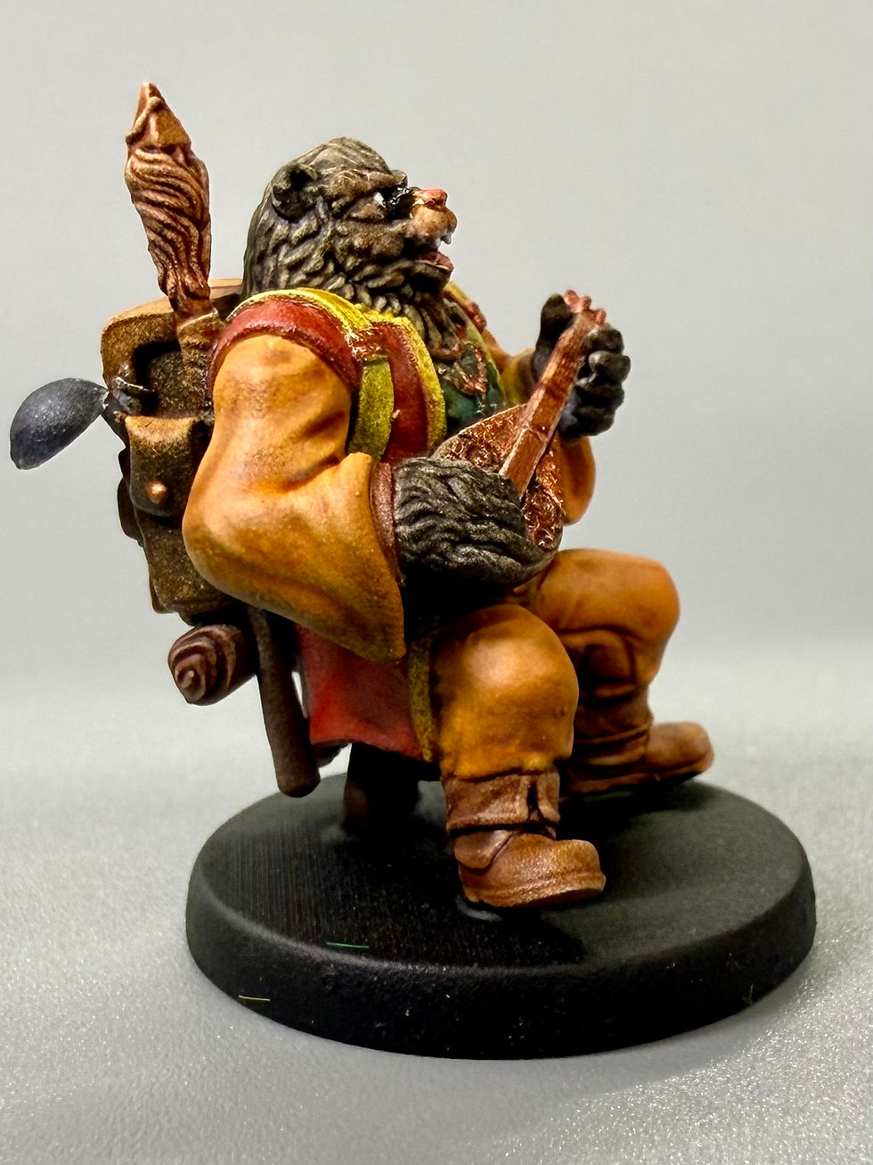 3d printed and painted bear folk bard singing. Side View