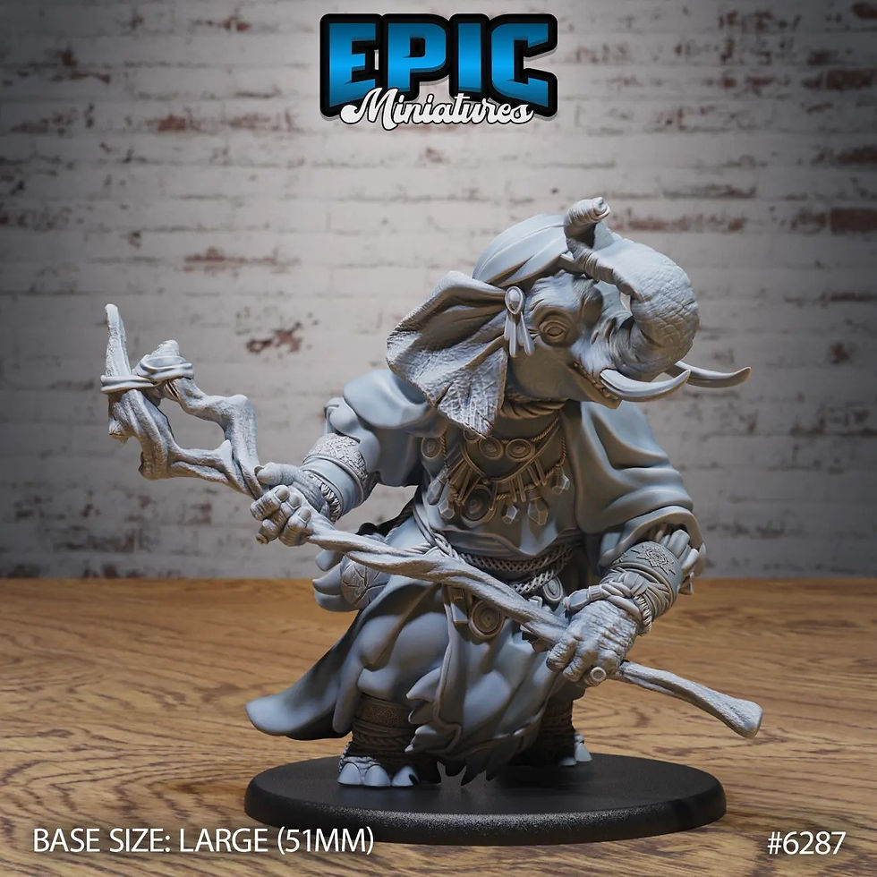 3d printed large elephant folk druid/sorcerer/wizard attacking. 3d rendering by Epic Miniatures.