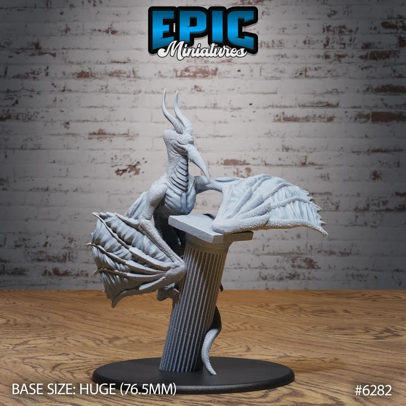 3d printed huge cyclops wyvern perched unsteadily on a column. 3d rendering by Epic Miniatures.