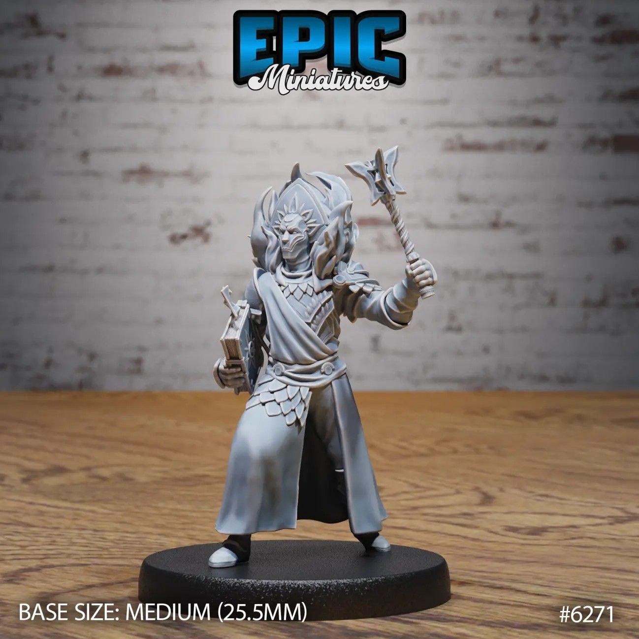 Pain Cleric miniature holding a mace 3d rendering by Epic Miniatures
