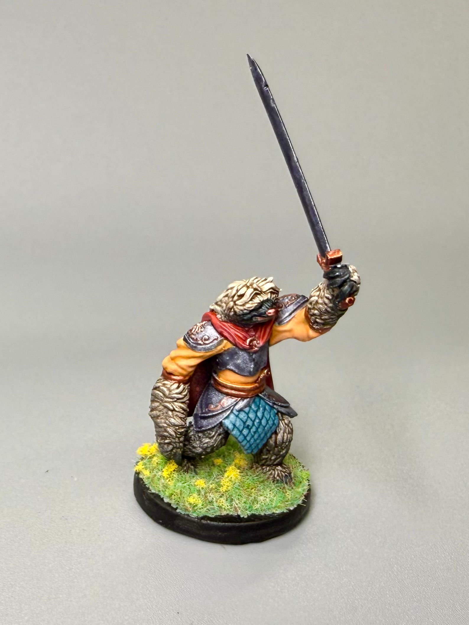 3d Printed and Painted Sloth Folk with sword. Front View.