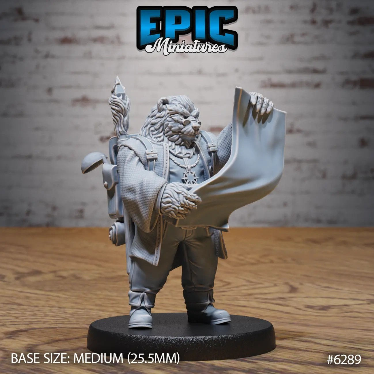3d printed bear folk bard/sorcerer/wizard reading parchment. 3d rendering by Epic Miniatures.