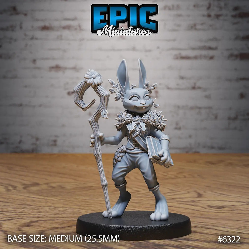 3d printed cute Rabbit Folk Druid with staff and book. 3d rendering by Epic Miniatures