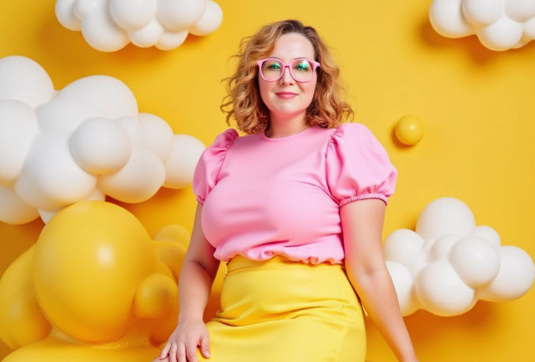 Smiling woman in pink top and yellow skirt poses against a bright yellow backdrop with white balloon clouds. Blume Bauer at The Yellow Studio.