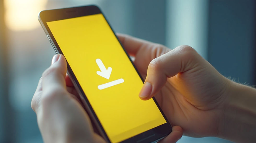 Hands holding a smartphone showing a bright yellow screen with a download arrow icon for digital downloads available at The Yellow Studio. Background is blurred, creating a focused tech vibe.