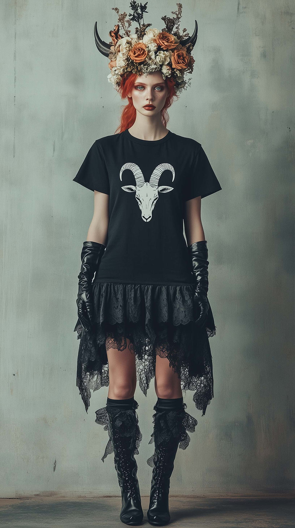 Woman stands in a dark outfit with lace skirt, gloves, and boots. She wears a floral headdress with horns. Wall background, serious expression. "Punk" AI art by Blume Bauer at The Yellow Studio.