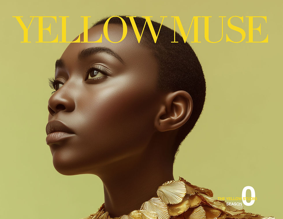 Profile of a person against a yellow background, wearing gold leaf-patterned attire. Text: "YELLOW MUSE" and "THE YELLOW STUDIO SEASON 0". Mood: serene.