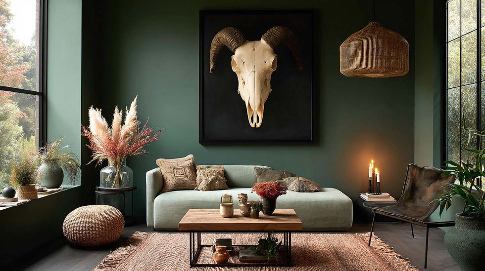 Cozy living room with green walls, a large skull art piece, rattan pendant light, beige sofa, wooden table, plants, and candles. Calm ambiance. Unique niche animal skull painting.