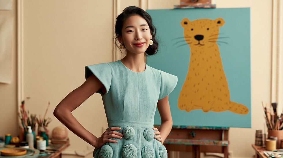 Smiling woman artist in a turquoise dress stands in an art studio before a painting of a yellow leopard on a blue canvas.
