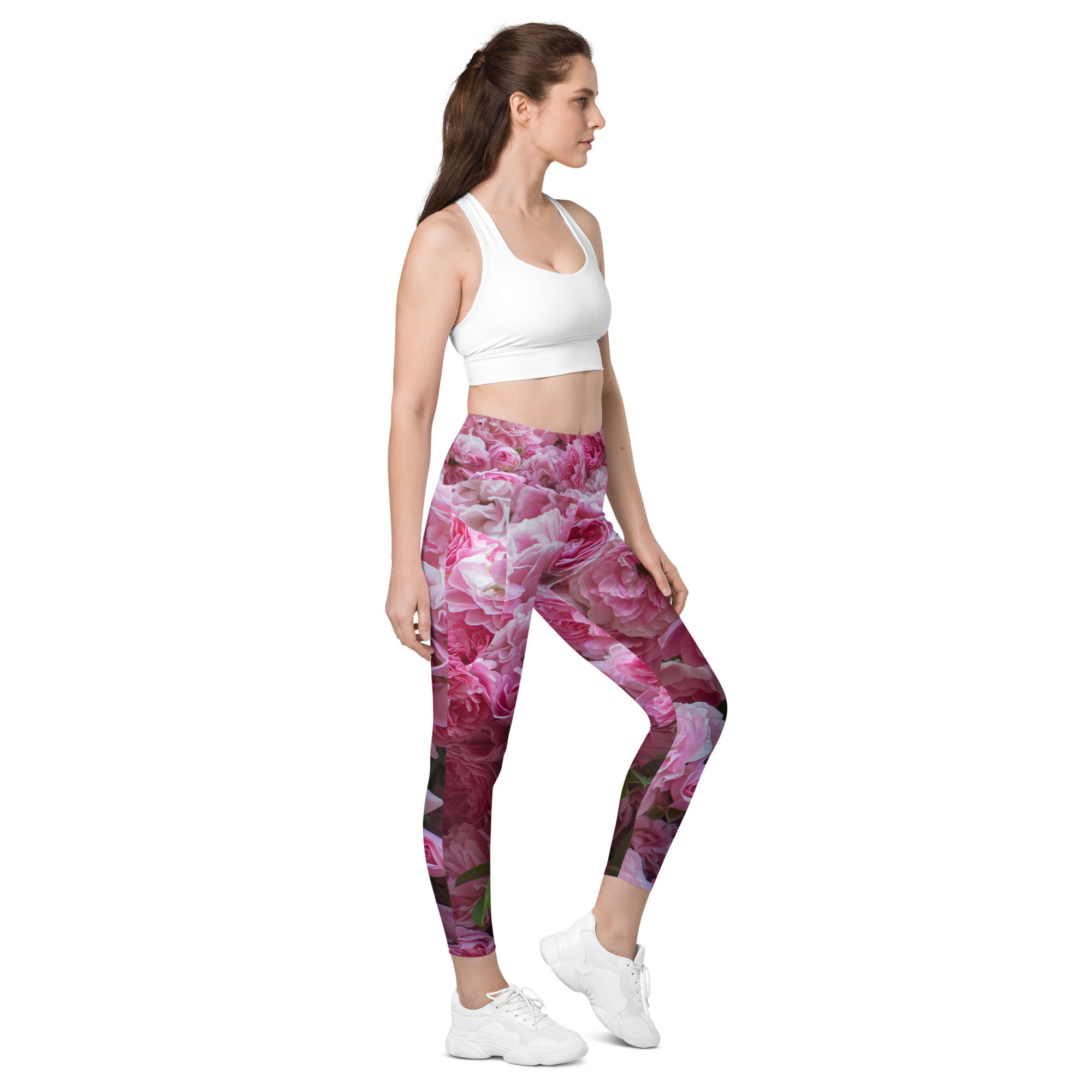 Pink Peonies Leggings with Pockets right
